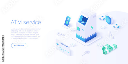 ATM machine concept in isometric vector illustration. Cash machine withdrawal or online money transfer. Internet banking smartphone pay. Website banner or webpage layout template.