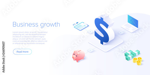 Business growth isometric vector illustration. Data analytics for company marketing solutions or financial performance. Budget accounting or statistics concept.