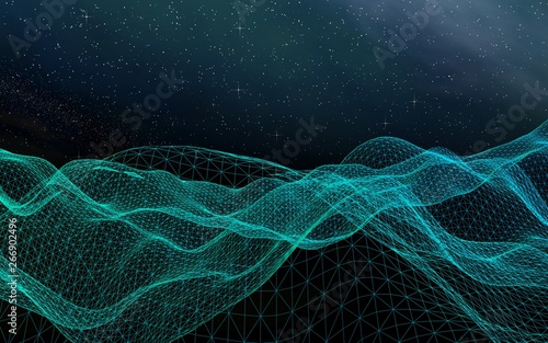 Abstract landscape on a dark background. Cyberspace grid. hi tech network. Outer space. Starry outer space texture. 3D illustration © Plastic man