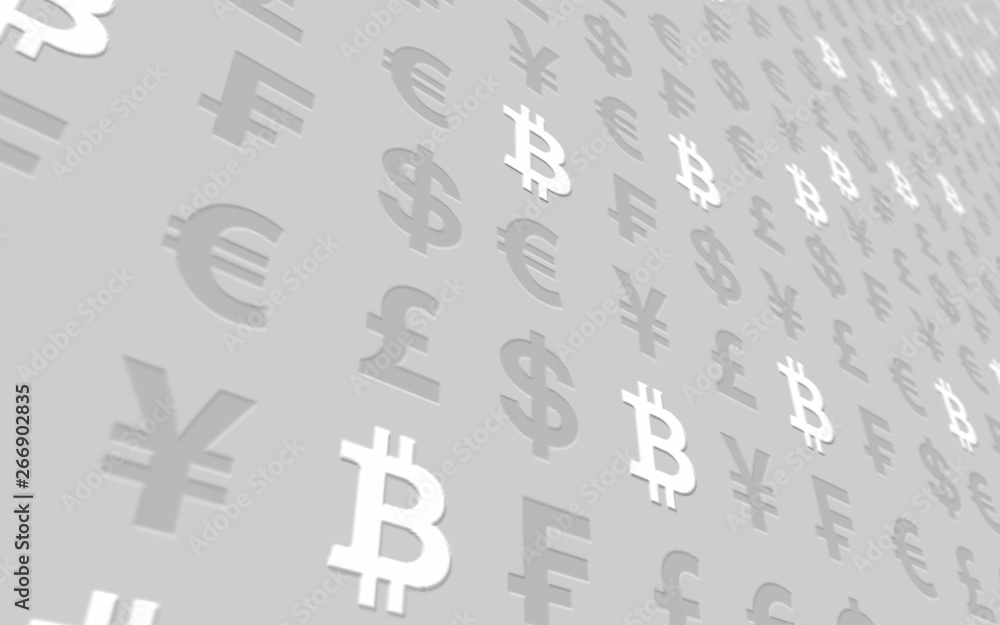 Bitcoin and currency on a gray background. Digital crypto currency symbol. Business concept. Market Display. 3D illustration Bitcoin and currency on a gray background. Digital crypto currency symbol. Business concept. Market Display. 3D illustration
