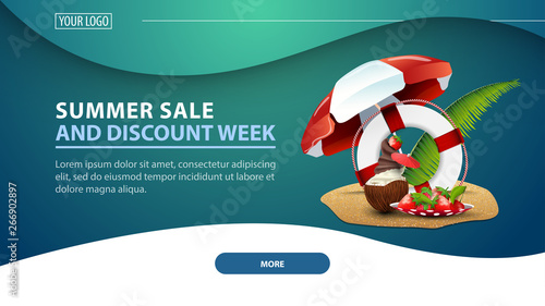 Summer sale and discount week, modern discount web banner for the site with coconut ice cream cocktail, beach umbrella, fruit, palm leaves and lifeline photo