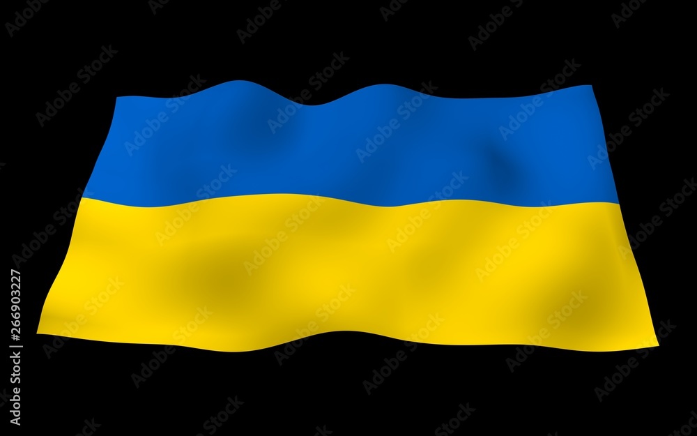 Obraz premium The flag of Ukraine on a dark background. National flag and state ensign. Blue and yellow bicolour. 3D illustration waving flag