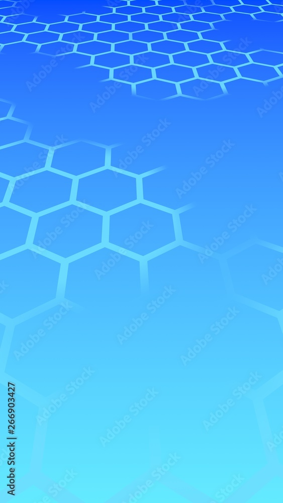 Translucent, with breaks, honeycomb on a gradient blue sky background. Perspective view on polygon look like honeycomb. Isometric geometry. 3D illustration Translucent, with breaks, honeycomb on a gradient blue sky background. Perspective view on polygon look like honeycomb. Isometric geometry. 3D illustration