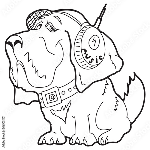 Cartoon doodle illustration of dog in headphones listening to music for coloring book, t-shirt print design, greeting card