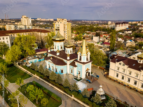 Aerial drone view of christian church in the kishinev city