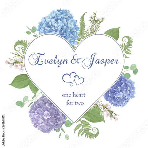 Valentine greeting card, invite card.Leaves, blooming branches eucalyptus, gaultheria, salal, chamaelaucium, seasonal fern.Blue, purple, flower of hydrangea. For wedding invitations, 