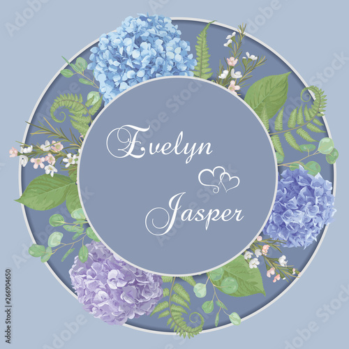 Vector design frame.Wedding, watercolor.Leaves, blooming branches eucalyptus, gaultheria, salal, chamaelaucium, seasonal fern.Blue, purple, flower of hydrangea.Floral circle.Isolated and editable