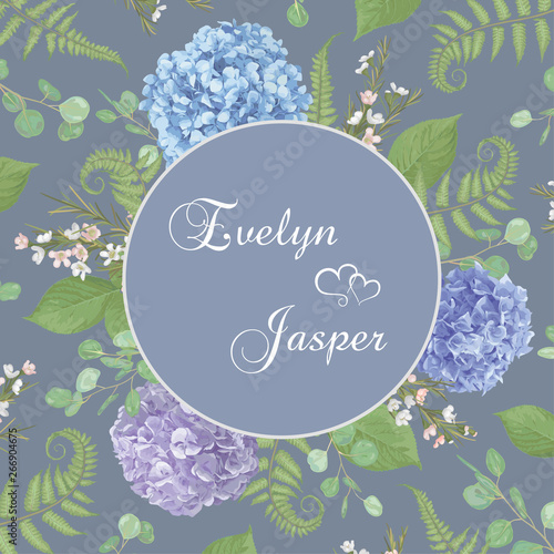 Vector design frame.Wedding, watercolor.Leaves, blooming branches eucalyptus, gaultheria, salal, chamaelaucium, seasonal fern.Blue, purple, flower of hydrangea.Floral circle.Isolated and editable