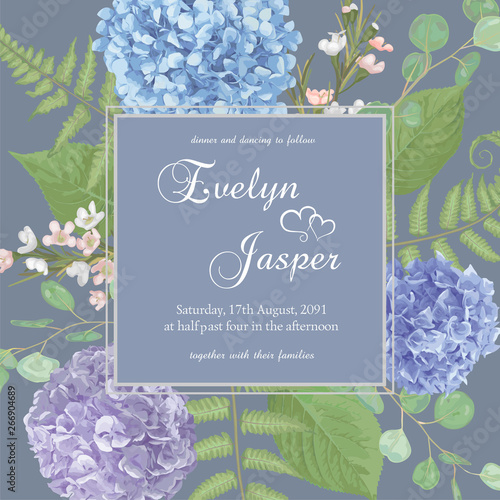 Vector design frame.Wedding, watercolor.Leaves, blooming branches eucalyptus, gaultheria, salal, chamaelaucium, seasonal fern.Blue, purple, flower of hydrangea.Floral square.Isolated and editable