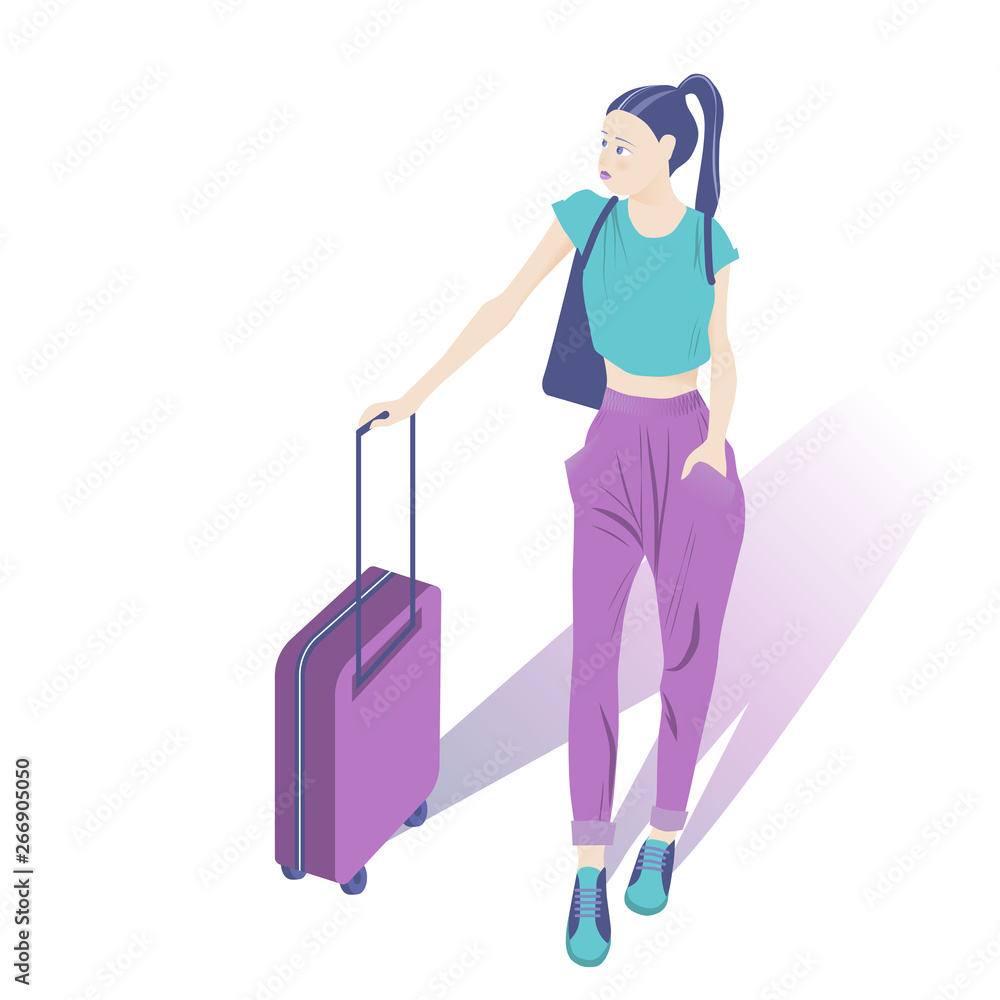 Tourist girl with a suitcase is landing in a train plane. Cartoon character Tourist girl with a suitcase is landing in a train plane. Cartoon character
