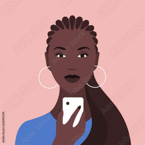 Portrait of an African woman with a phone. Diversity. Nations and races. Addiction on the smartphone and the Internet. Social networks. Vector Flat Illustration