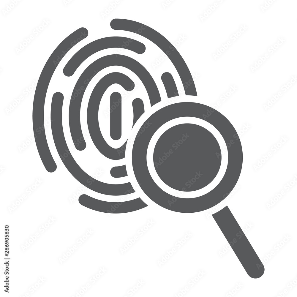 Investigation glyph icon, crime and exploration, fingerprint and lens sign, vector graphics, a solid pattern on a white background. Investigation glyph icon, crime and exploration, fingerprint and lens sign, vector graphics, a solid pattern on a white background.