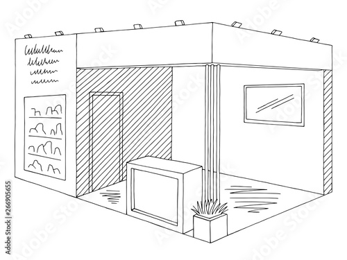 Exhibition stand graphic interior black white sketch illustration vector