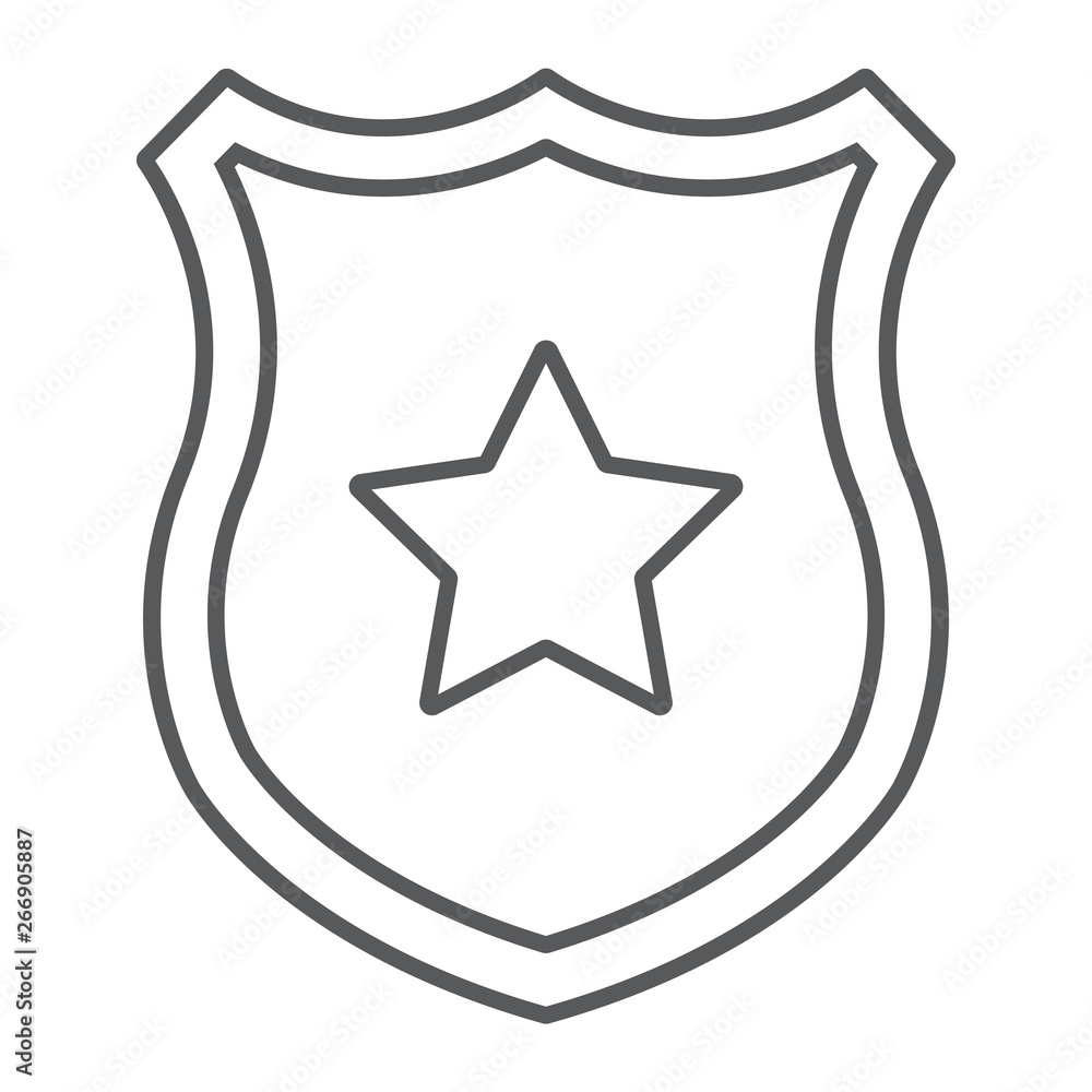 Police badge thin line icon, officer and law, shield with star sign, vector graphics, a linear pattern on a white background. Police badge thin line icon, officer and law, shield with star sign, vector graphics, a linear pattern on a white background.