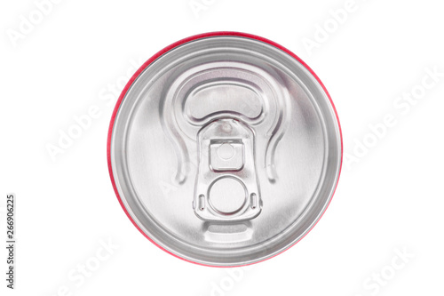 An aluminum can with a pull-tab, isolated on the white background a view from above.