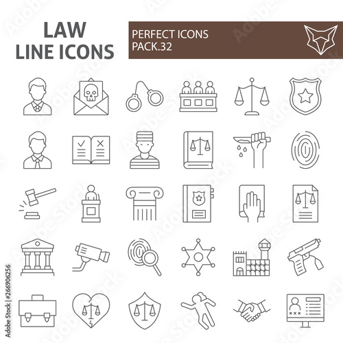 Law thin line icon set, justice symbols collection, vector sketches, logo illustrations, jurisprudence signs linear pictograms package isolated on white background.