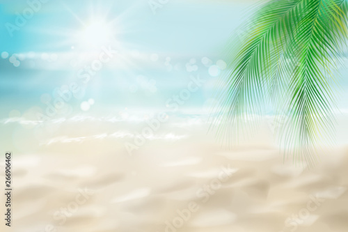 Abstract view of the sunny beach with a palm tree. Tropical resort . Vector Illustration. 