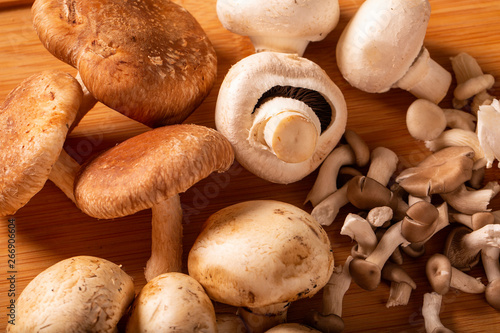 Various types of mushrooms on a wooden table