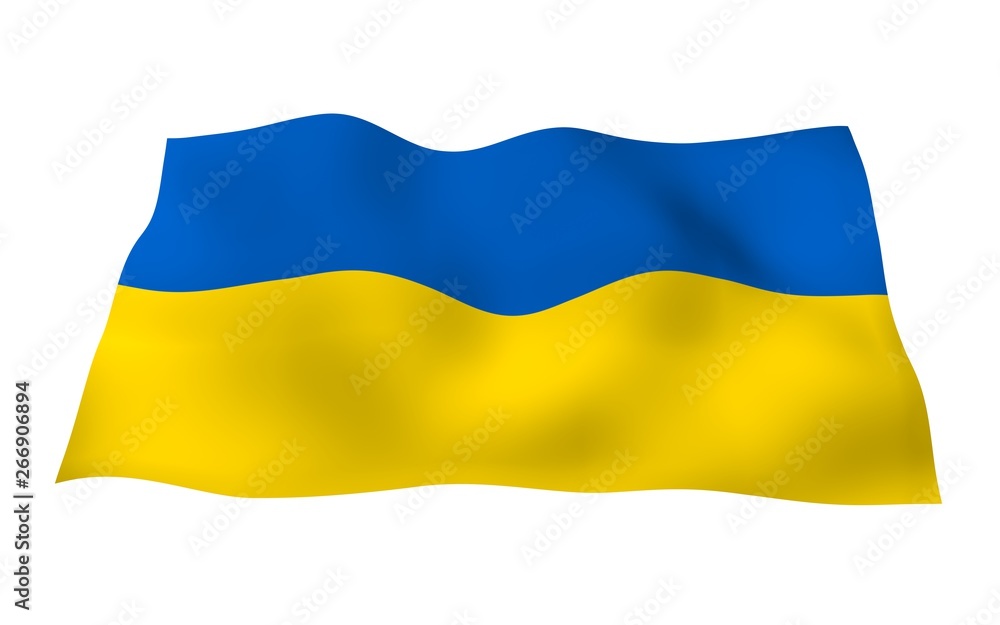 Obraz premium The flag of Ukraine on a white background. National flag and state ensign. Blue and yellow bicolour. 3D illustration waving flag