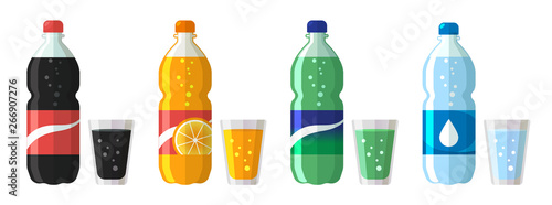 set of plastic bottle of water and sweet soda with glasses. Flat vector water soda icons illustration isolated on white photo