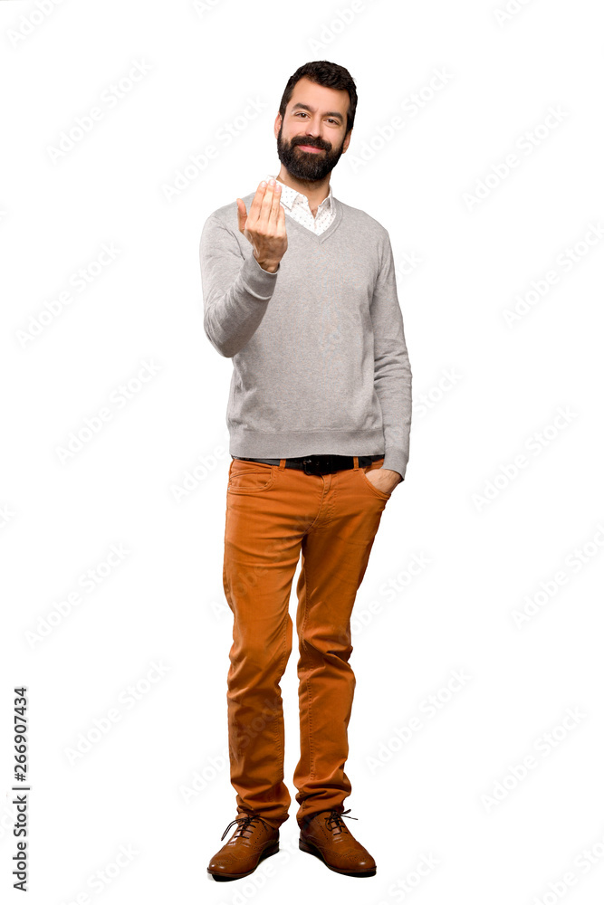 Handsome man inviting to come with hand. Happy that you came over isolated white background Handsome man inviting to come with hand. Happy that you came over isolated white background