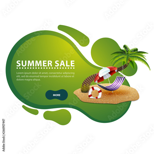 Summer sale, modern discount banner in the form of smooth lines for your business with palm tree, hammock and beach umbrella photo