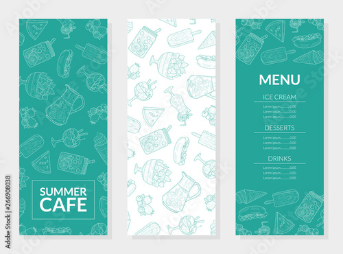 Summer Food Menu Template, Main Dishes, Ice Cream, Desserts, Drinks, Restaurant or Cafe Design Element Vector Illustration