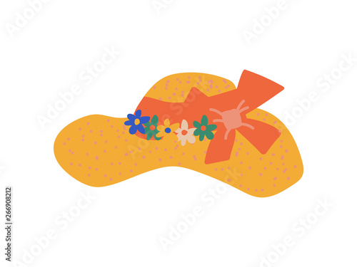 Straw Hat With Ribbon and Flowers, Summer Travel Symbol Vector Illustration