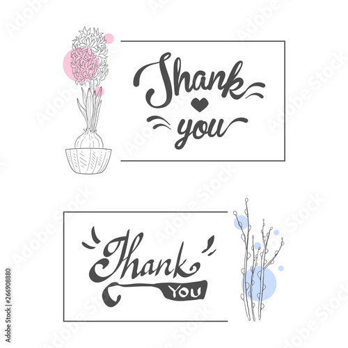 Thank You Handwritten Inscription, Elegant Cards with Flowers, Design Element Can Be Used for Gift or Greeting Card, Invitation, Flyer, Banner Hand Drawn Vector Illustration © topvectors