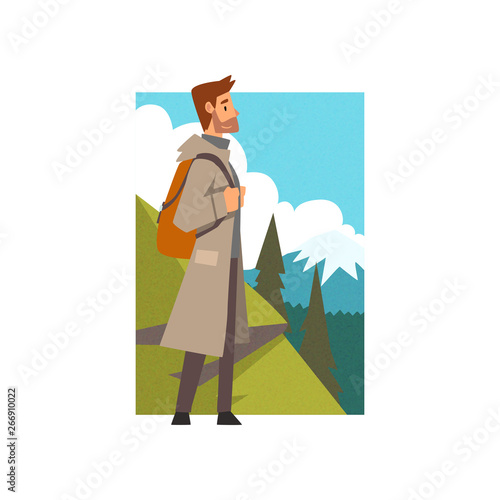 Man Hiking in Mountains with Backpack, Outdoor Activity, Travel, Camping, Backpacking Trip or Expedition Vector Illustration