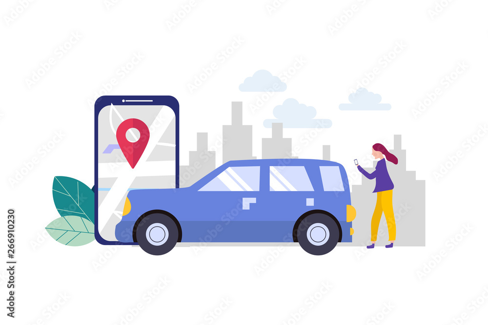 PrintOnline car sharing, mobile city transportation vector illustration concept with smartphone for web landing page template, banner, flyer and presentation.