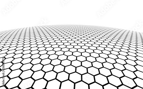 White honeycomb on a white background. Perspective view on polygon look like honeycomb. Ball  planet  covered with a network  honeycombs  cells. 3D illustration