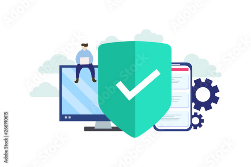 Network Security or Data protection with tiny people character for web landing page template, banner, flyer and presentation