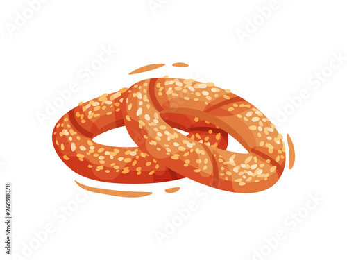 Traditional Turkish roll with sesame. Vector illustration on white background.