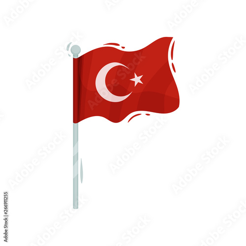 National flag of Turkey on the pole. Vector illustration on white background.