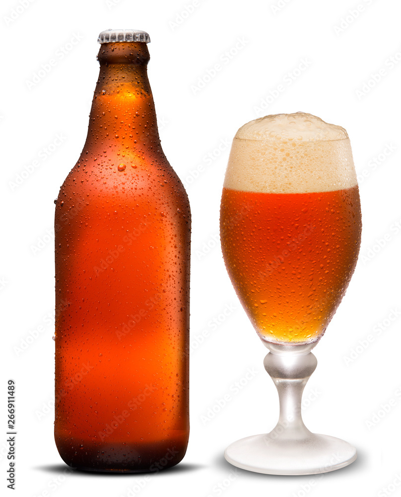 Glass of beer and Brown bottle with drops isolated on a white background