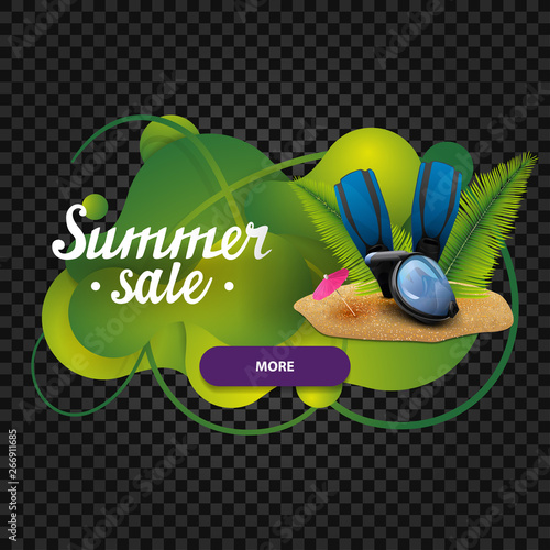 Summer sale, discount web banner in the form of lava lamp with diving mask, fins and palm leaves