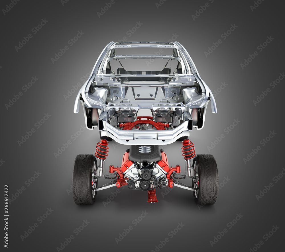 Fototapeta Body and suspension of the car with wheel and engine Undercarriage with bodycar in detail front view isolated on black gradient background 3d