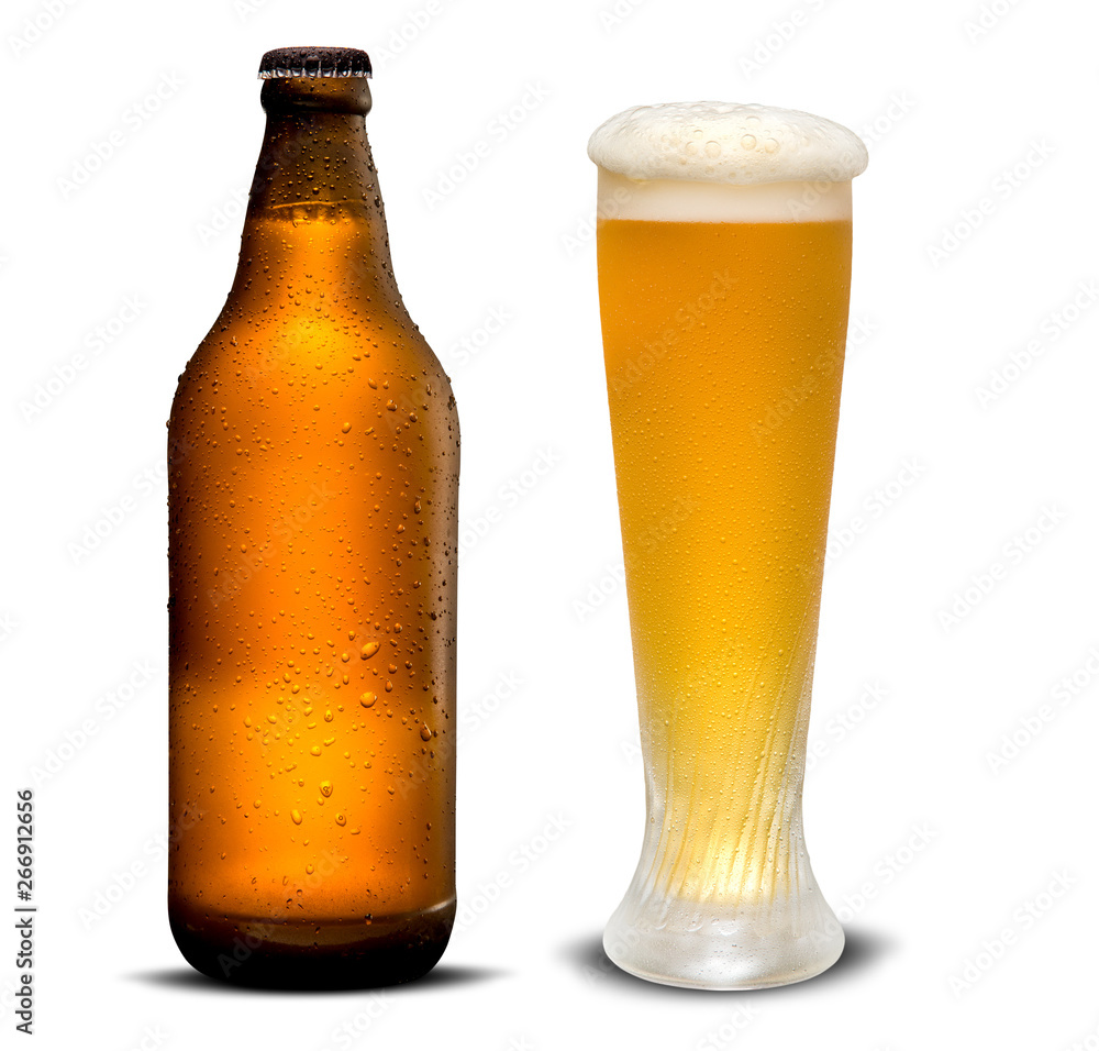 Glass of beer and Brown bottle with drops isolated on a white background. Glass of beer and Brown bottle with drops isolated on a white background.