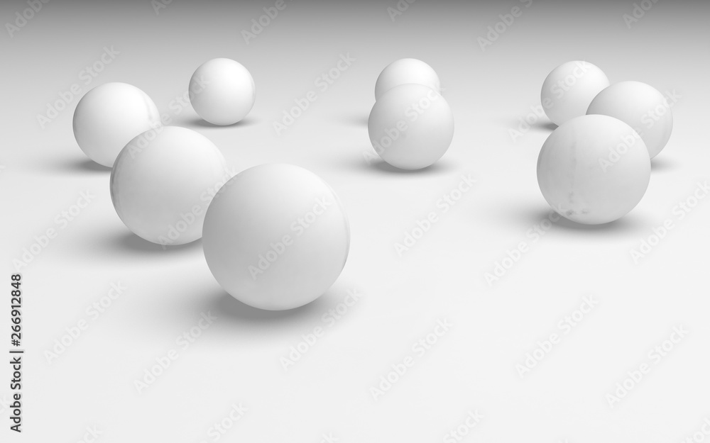 White abstract background. Set of white balls isolated on white backdrop. White abstract background. Set of white balls isolated on white backdrop.
