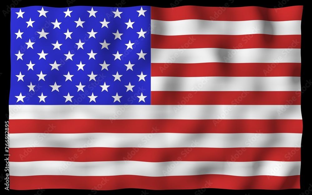 Naklejka premium Waving flag of the United States of America on a dark background. Stars and Stripes. State symbol of the USA. 3D illustration