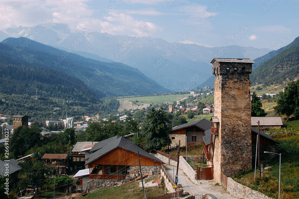Traditional ancient Svan Towers in Mestia mountain village, Svaneti region, Georgia