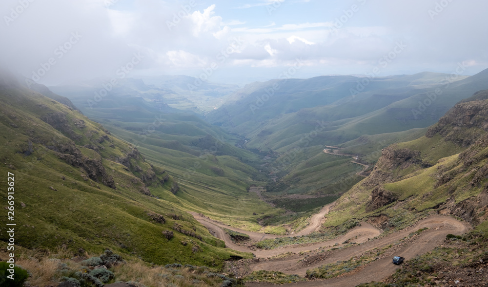 The Sani Pass, winding dirt road through the mountains connecting Underberg in South Africa to Mokhotlong in Lesotho. 