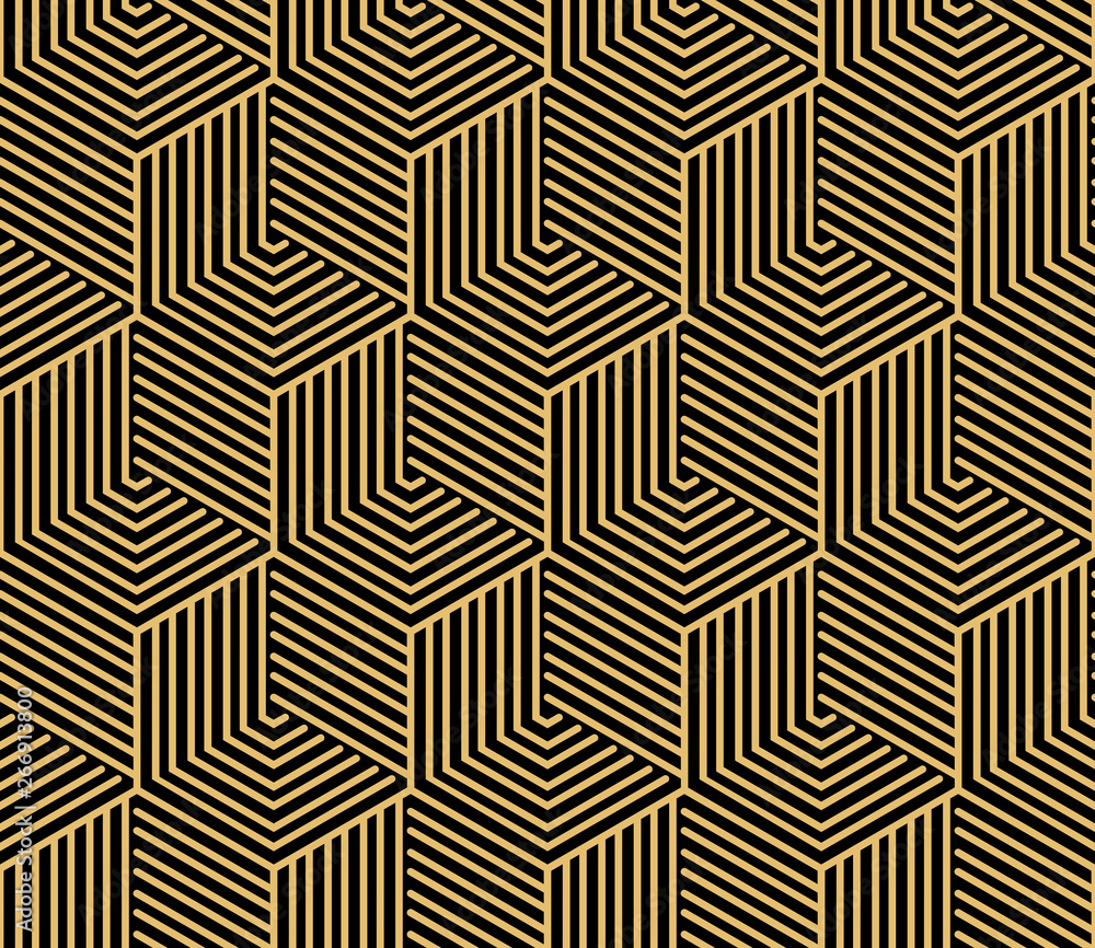 Abstract geometric pattern with stripes, lines. Seamless vector background. Gold and black ornament. Simple lattice graphic design