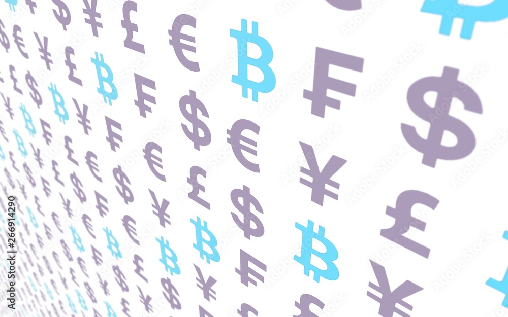 Bitcoin and currency on a white background. Digital crypto currency symbol. Business concept. Market Display. 3D illustration