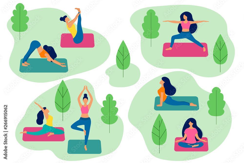 People do yoga in the park. Active women in different asanas. Healthy lifestyle. Outdoor workout. Flat vector illustration. People do yoga in the park. Active women in different asanas. Healthy lifestyle. Outdoor workout. Flat vector illustration.