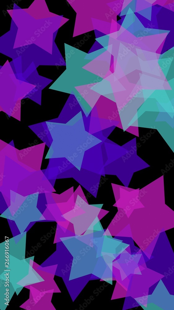 Multicolored translucent stars on a dark background. Vertical image orientation. 3D illustration Multicolored translucent stars on a dark background. Vertical image orientation. 3D illustration