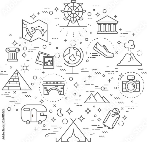 Simple Set of travel and camping Related Vector Line Illustration. Contains such Icons as shoes, trailer, bridge and more. Modern style line drawing and background color white.