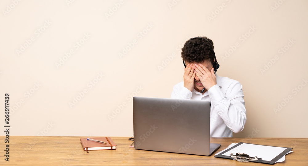 Telemarketer man with tired and sick expression Telemarketer man with tired and sick expression