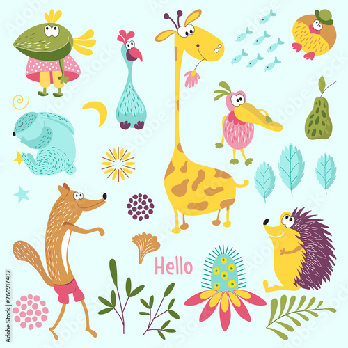 Set of forest animals. Sly Fox, hedgehog, Mr. bird, Pelican, rabbit, crow, giraffe, flower. Suitable for children's room decoration, book, cloth, postcard